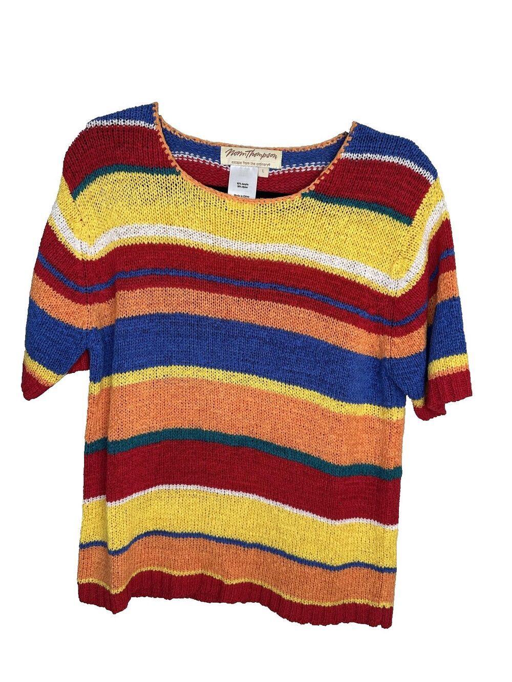 Norm Thompson Sweater Womens Large Knit Short Sleeve Pullover Rainbow Stripe